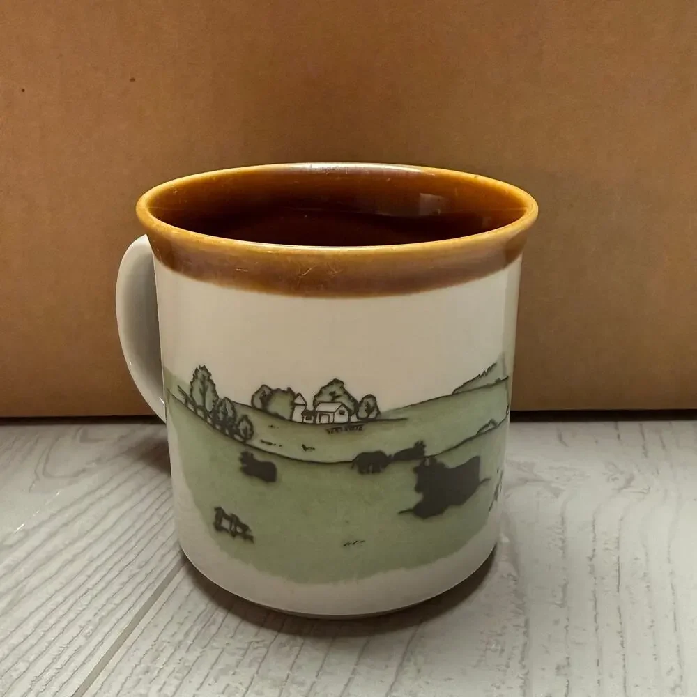 Vintage Cow Farm Coffee Mug Brown Rim Green Pasture Dairy Cattle Stoneware Cup